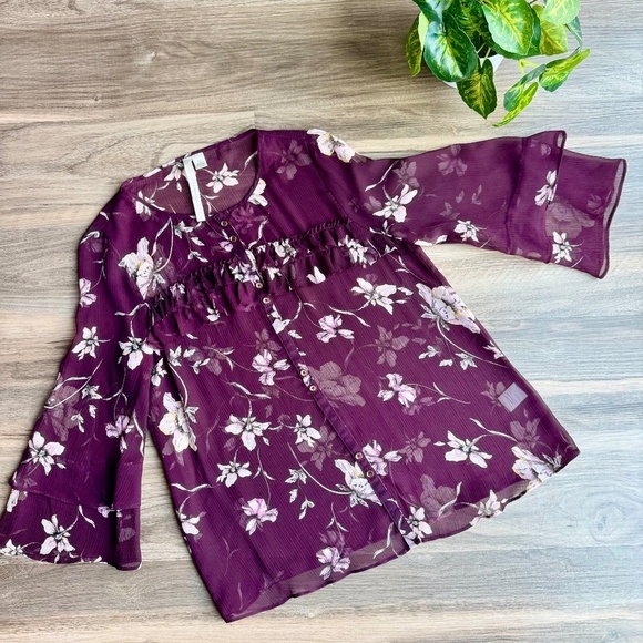 Lauren Conrad Sheer Plum Floral Button-Down Bell Sleeves Blouse – Size XS - Picture 2 of 11
